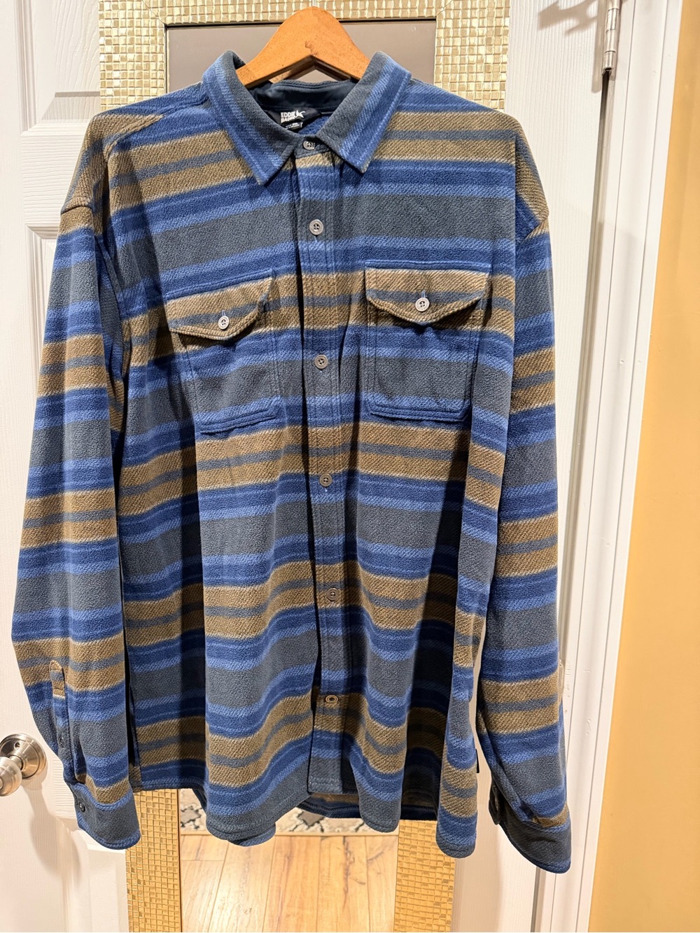 Eddie Bauer Striped Fleece Shirt Jacket in Navy & Brown
